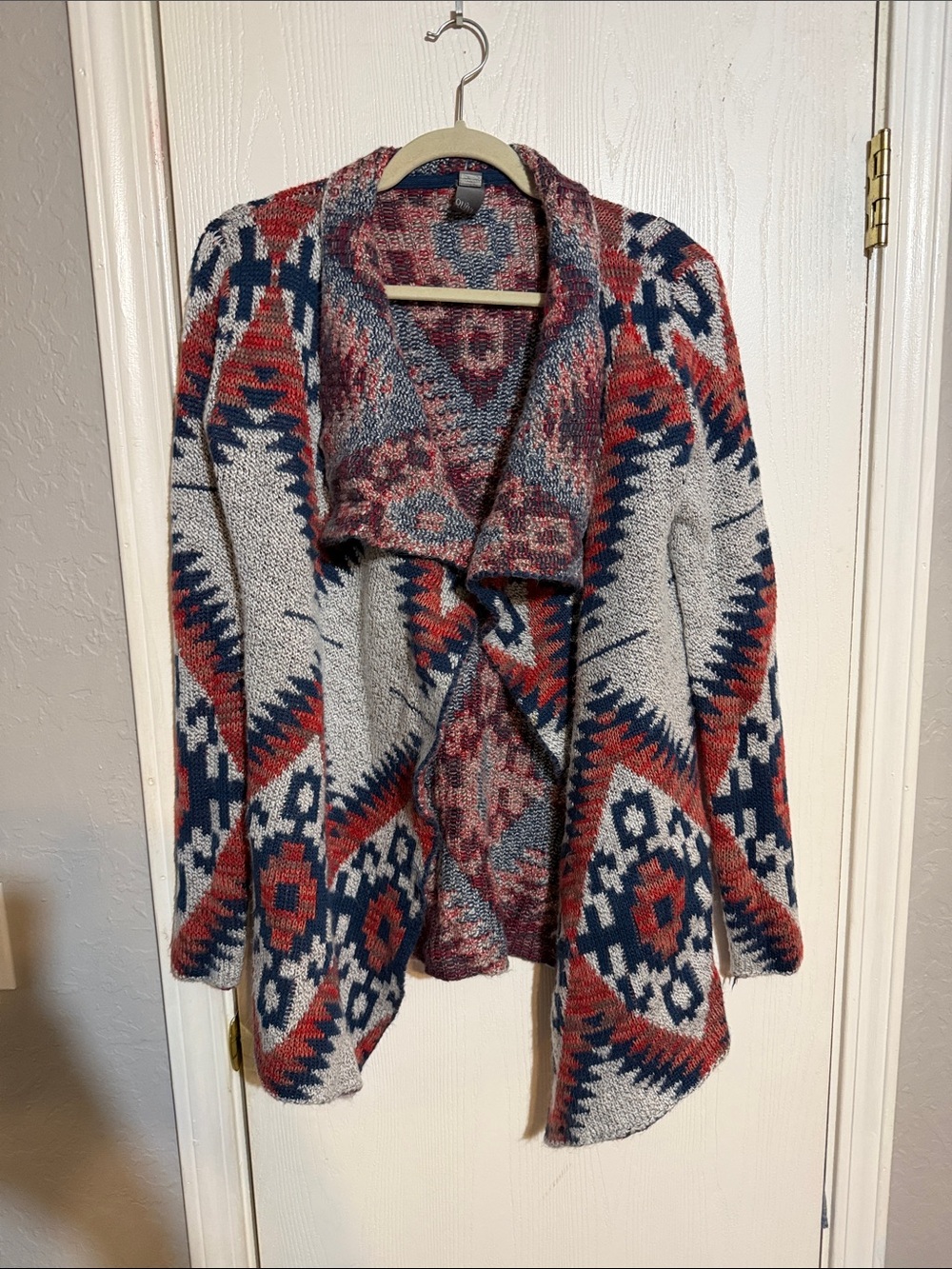 Quinn Open-Front Aztec Knit Cardigan in Red, Navy, Gray